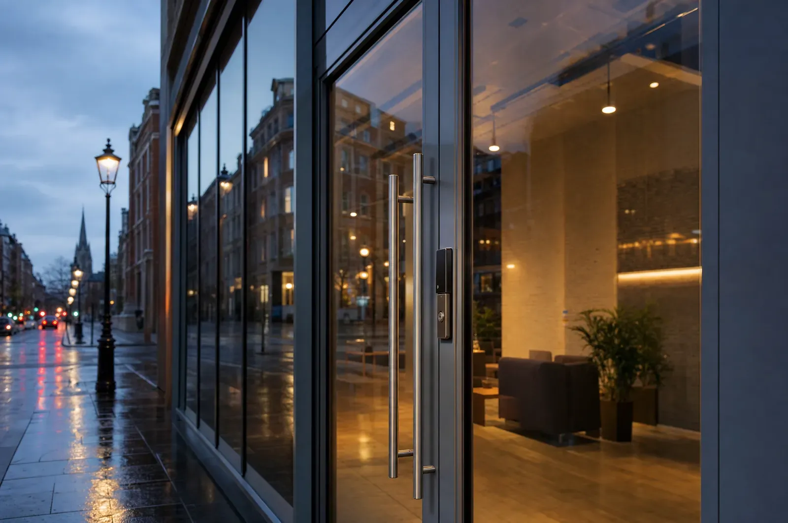 A smart London commercial glass shopfront door at dusk with brushed-steel handles and an access-control lock
