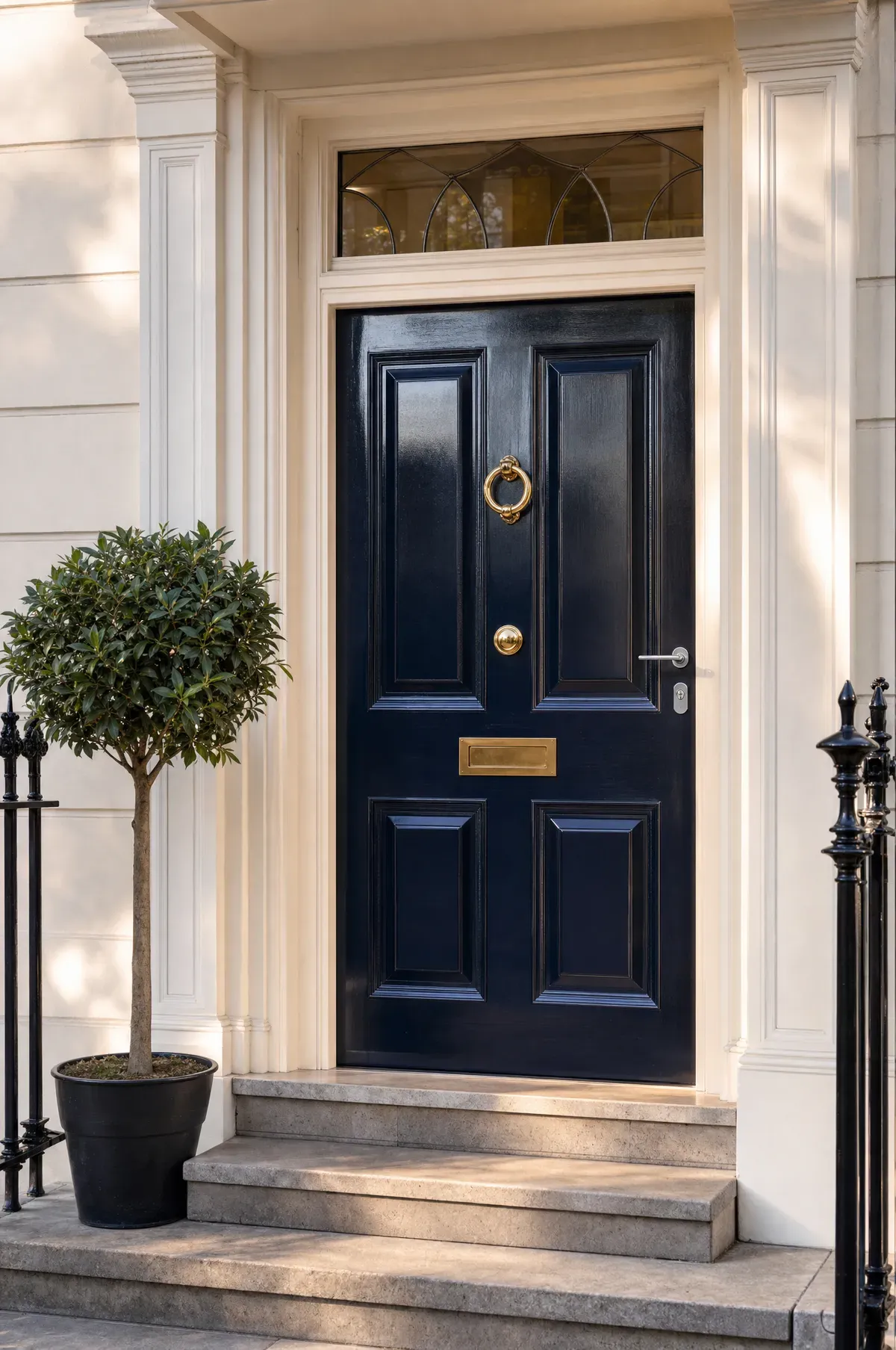 A locksmith-secured navy Georgian front door in London with a brass letterplate and a high-security cylinder lock