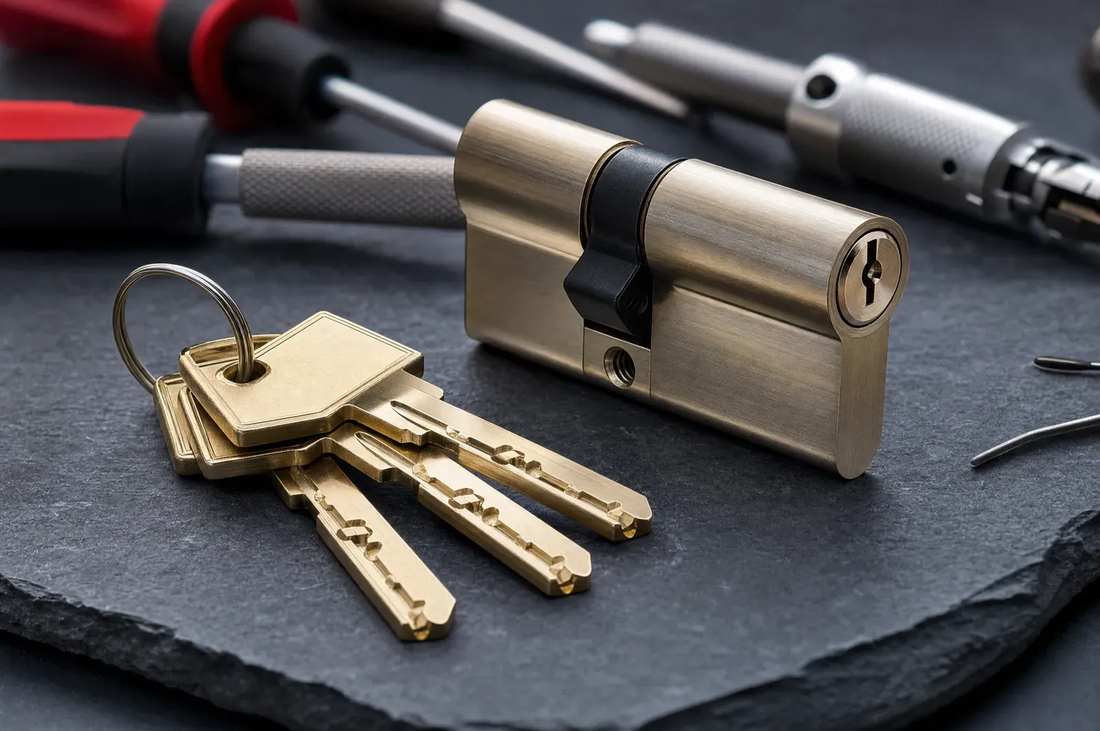 A high-security anti-snap euro-cylinder lock and freshly cut brass keys on a locksmith's workbench