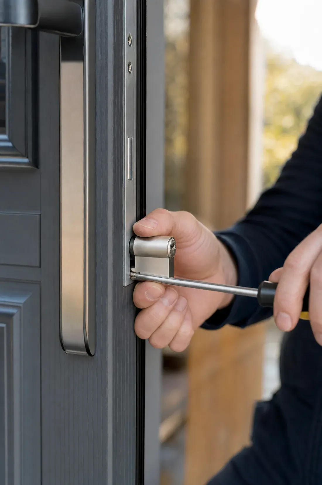 A City Locksmith engineer fitting a satin-chrome euro-cylinder lock into a composite front door