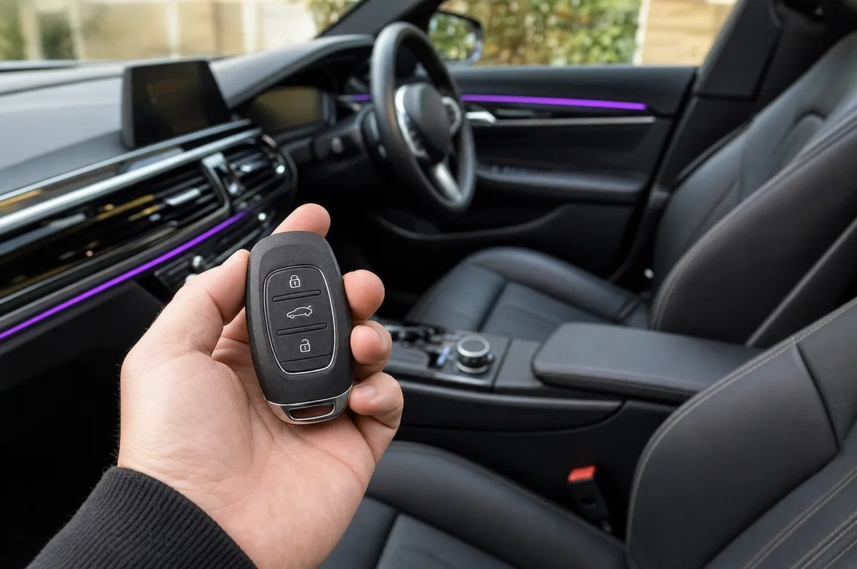 Replacement Audi smart key fob held in a hand beside a premium car interior