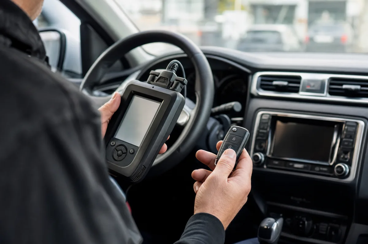 Auto locksmith programming a replacement Ford car key fob inside a car