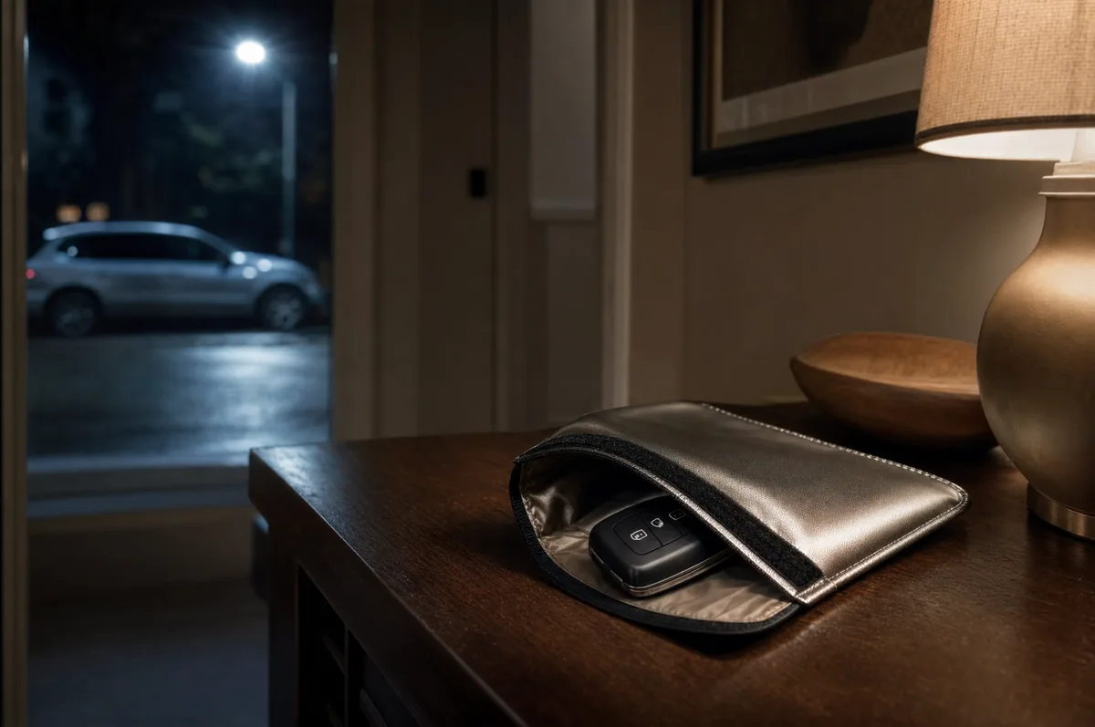 A car key fob inside a Faraday signal-blocking pouch on a hall table at night