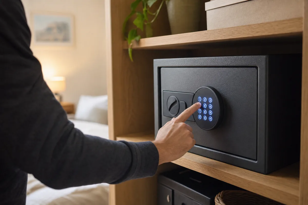 A person entering a PIN on the keypad of a home safe