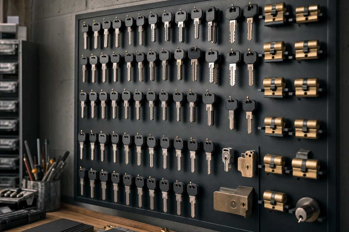 A workshop board of labelled keys and brass cylinders for a master key system