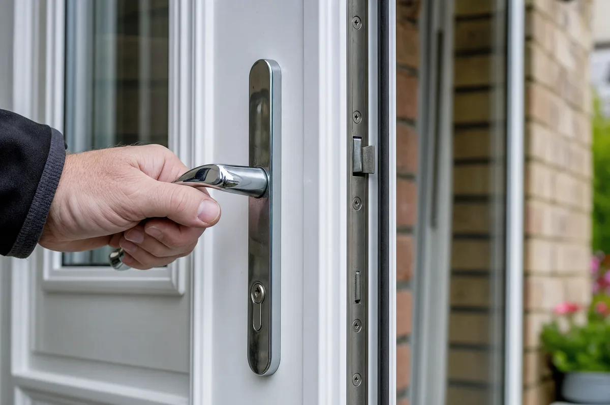 A hand lifting the handle of a white uPVC front door with a multipoint lock