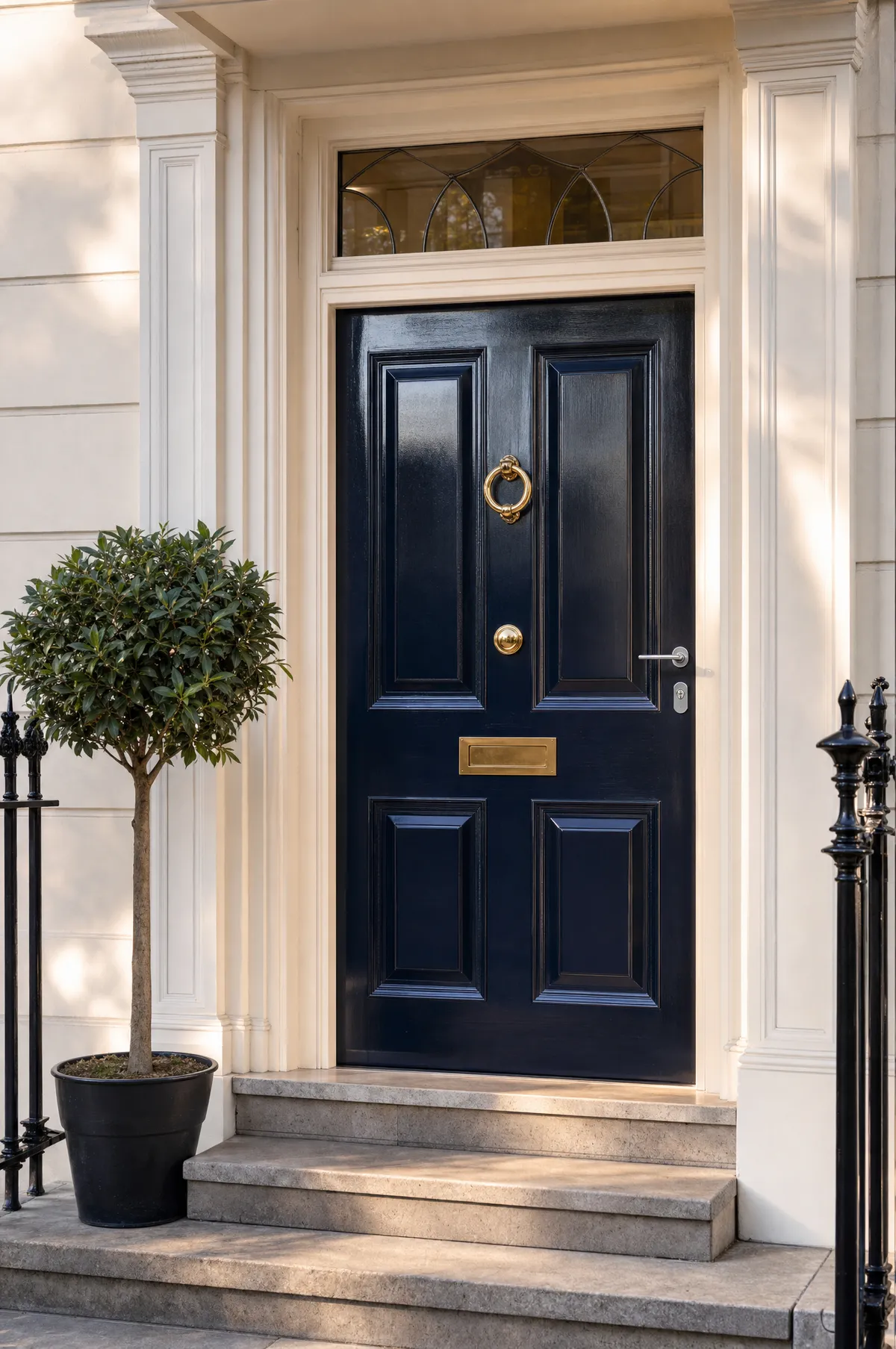 A locksmith-secured navy Georgian front door in London with a brass letterplate and a high-security cylinder lock