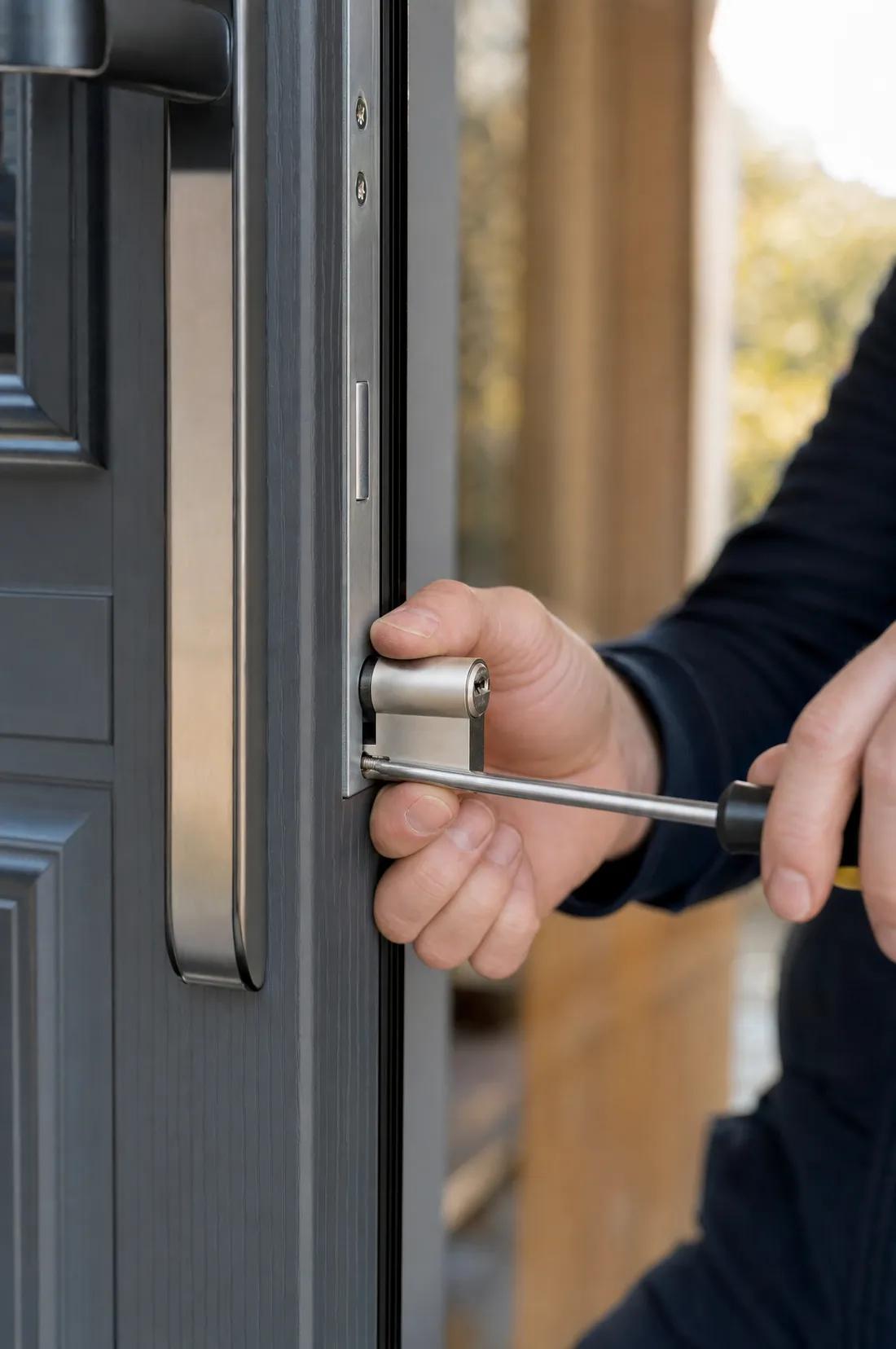 A City Locksmith engineer fitting a satin-chrome euro-cylinder lock into a composite front door